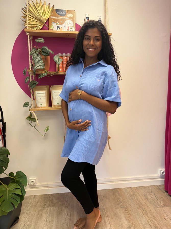 Robe chemise de grossesse et d’allaitement Bertille Bleu + bas 2